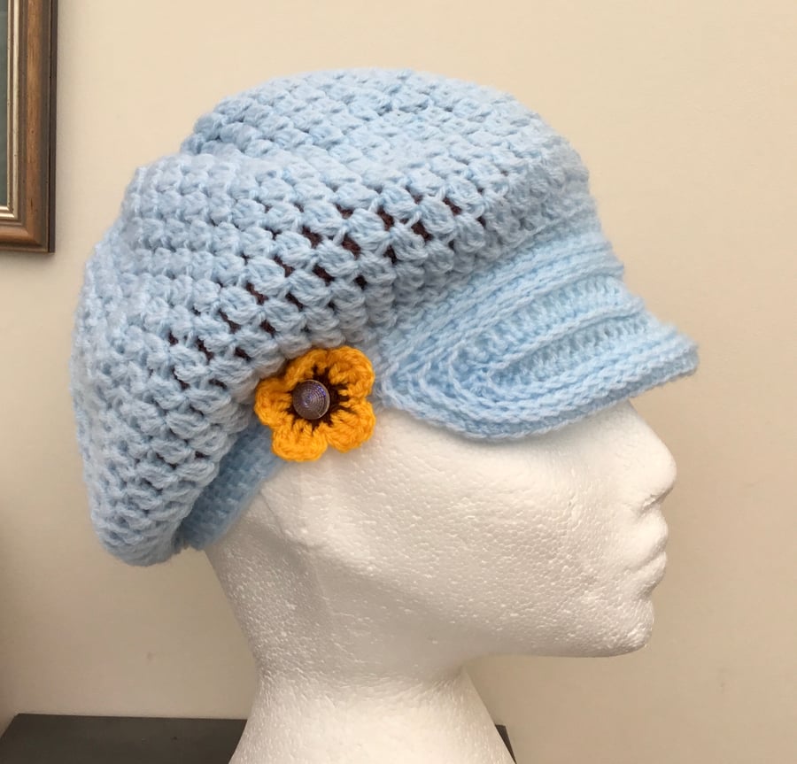 Double Layered Pale Blue Baker Boy Style Crocheted Hat for the Discerning Lady!