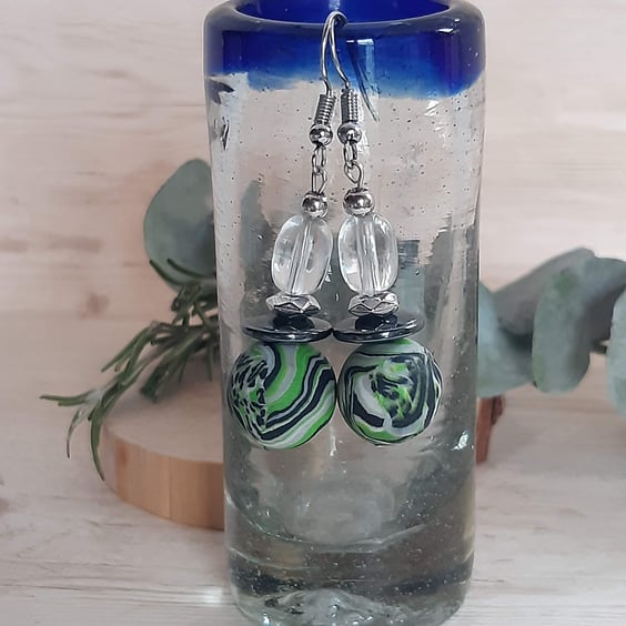  Dangly polymer clay earrings in dark green, black and grey swirl