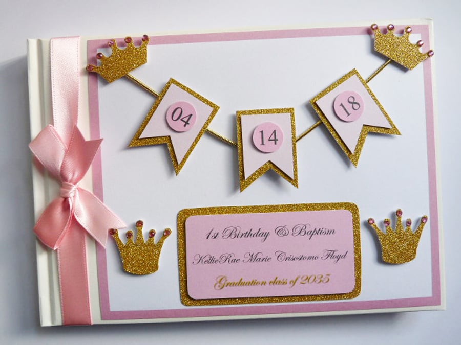 Pink and gold princess birthday guest book, princess birthday party gift