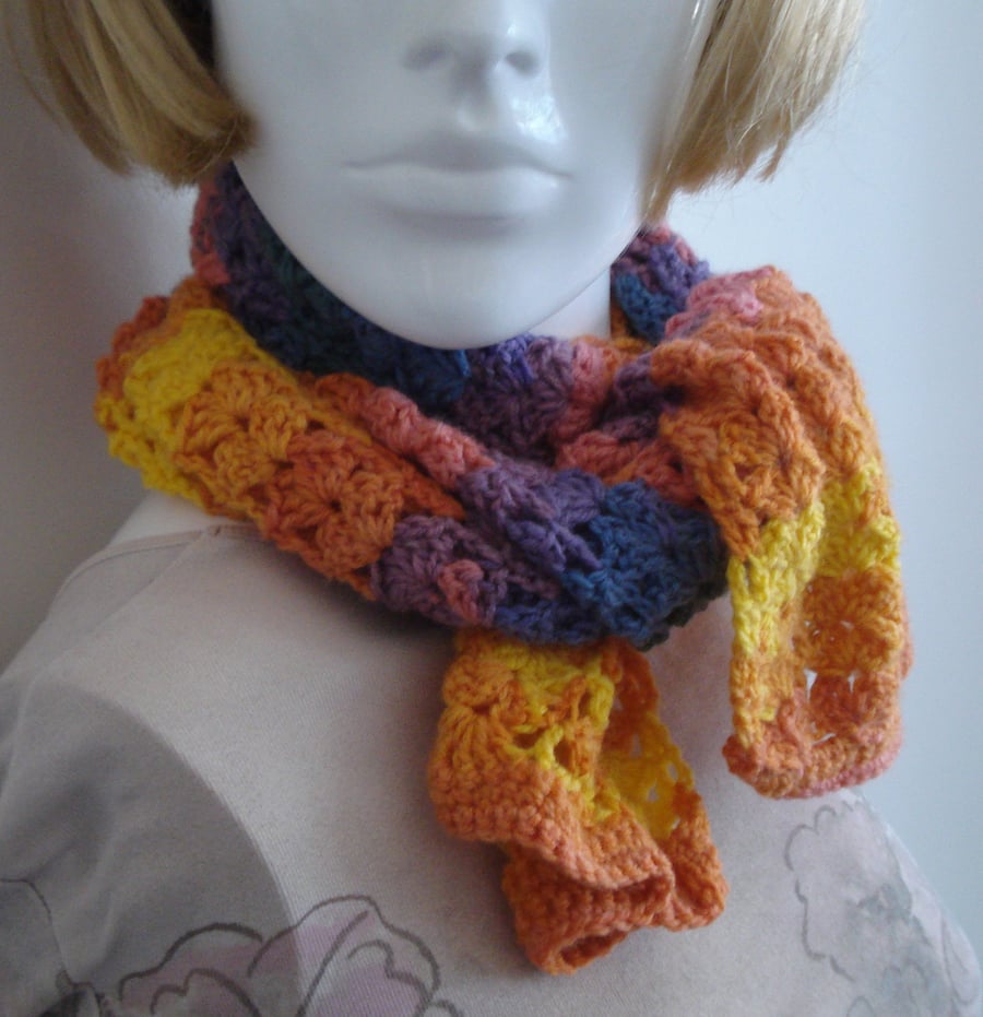 Crochet Multi Colour Scarf Tie With Oranges, Lemons and Purple Colours (J127)