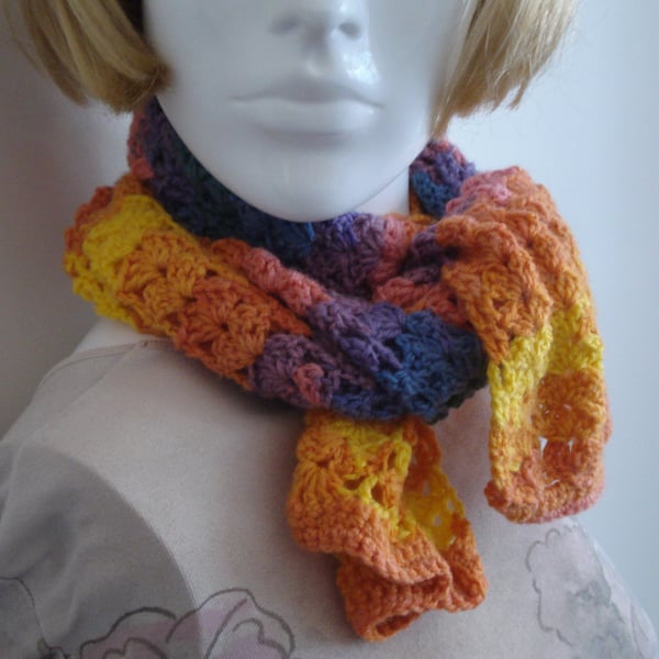 Crochet Multi Colour Scarf Tie With Oranges, Lemons and Purple Colours (J127)