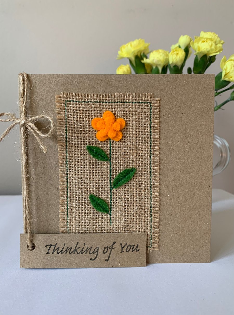Thinking of You Card. Bright tangerine flower. Wool felt. Handmade.