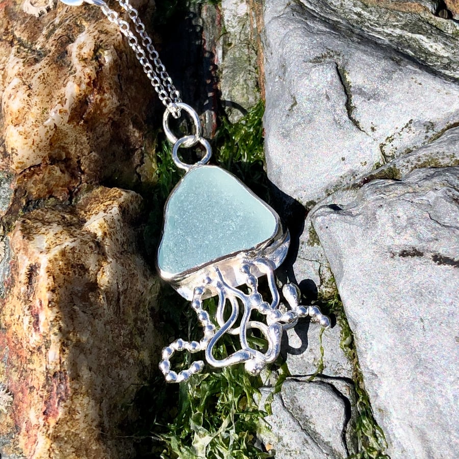 Steel Blue Sea Glass and Sterling Silver Jelly Fish Pendant - 1139