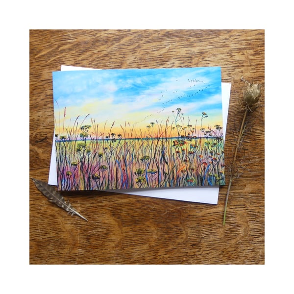 Impressionist Landscape Painting Greeting Card or Notelet Birds Flying at Sunset