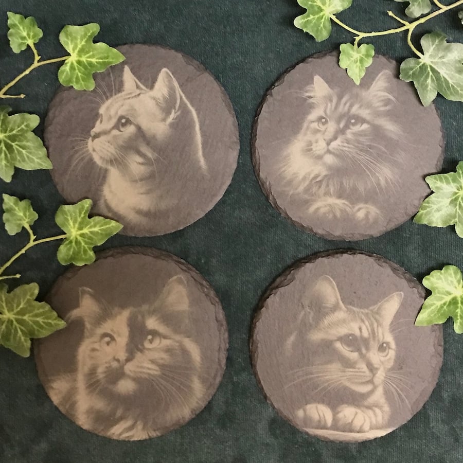 4 choices -Cute cats slate coasters, laser engraved cat lovers, new home gift