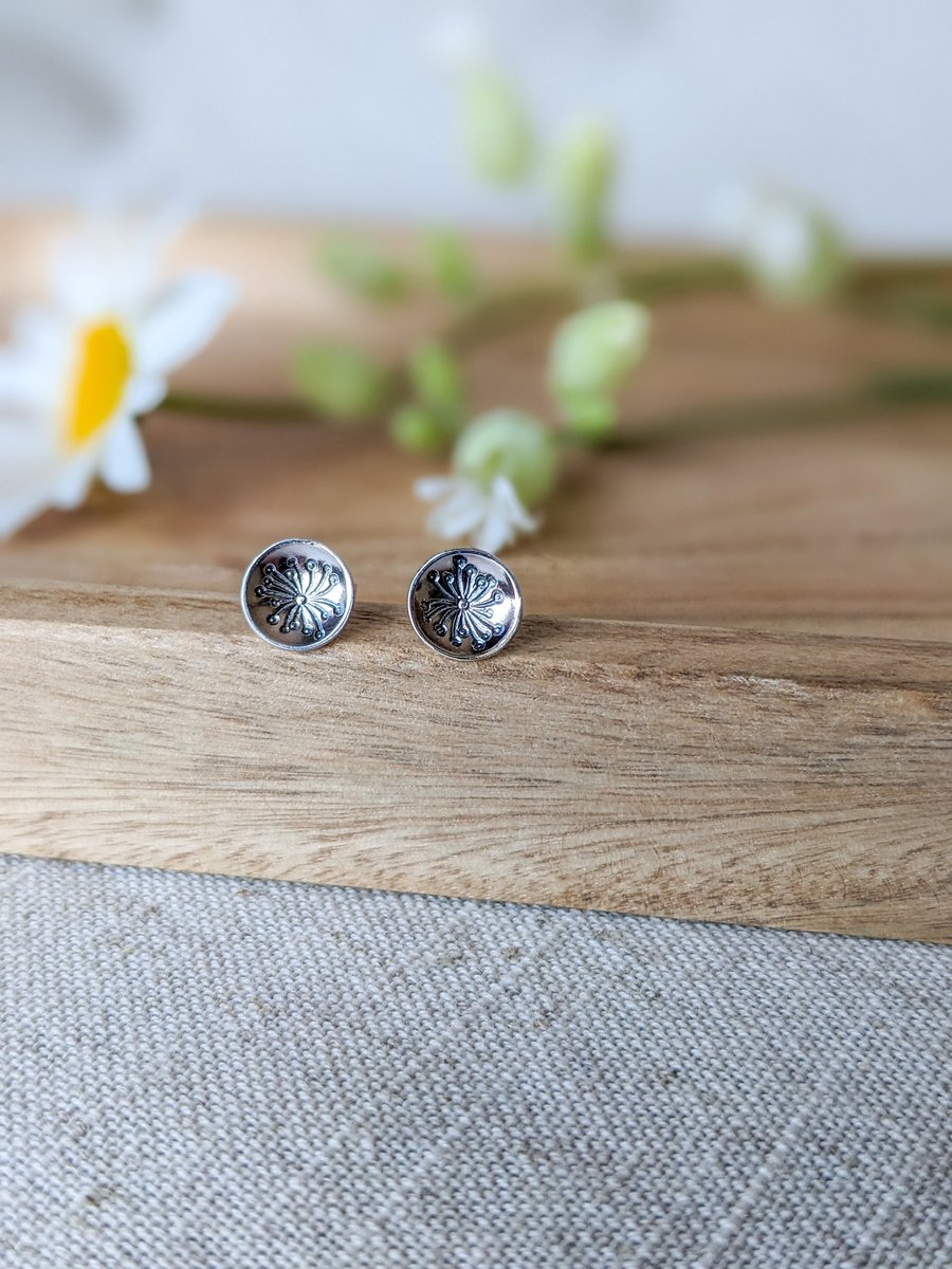 Dandelion stamped silver stud earrings, handmade - Folksy