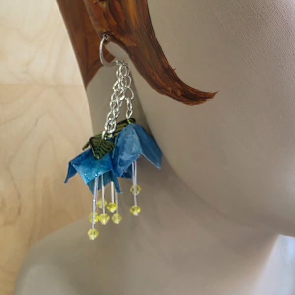 Bluebell floral drop earrings, hand made origami flower jewellery, lightweight