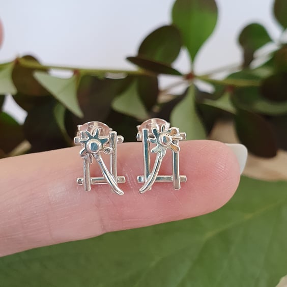 Little Framed Flower Stud Earrings (Sterling Silver) (One of a Kind)
