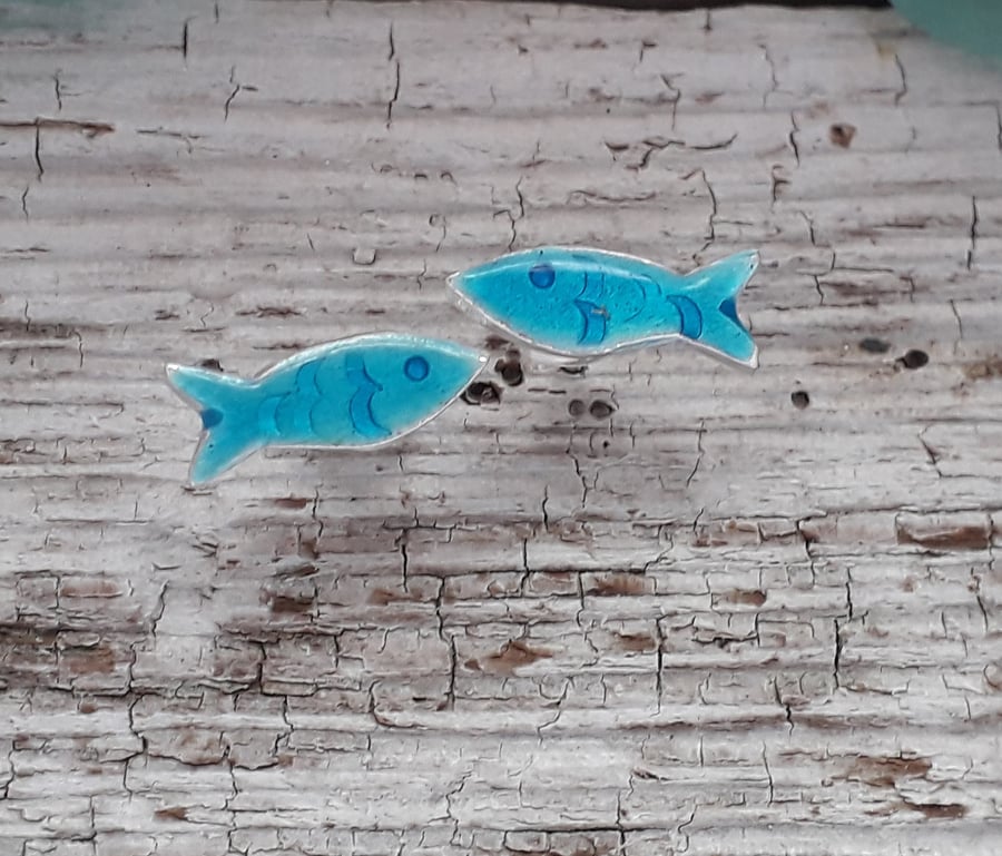 Enamelled Little Fishy Ear Studs -Aqua Blue