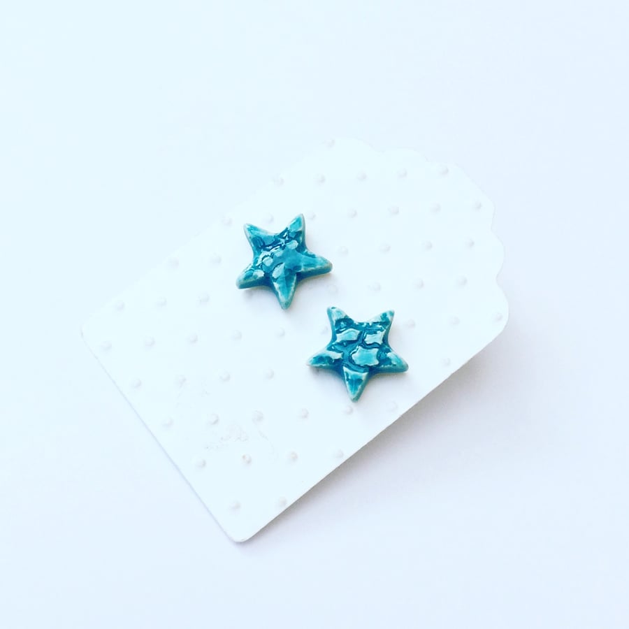Turquoise star stud ceramic earrings-sterling silver