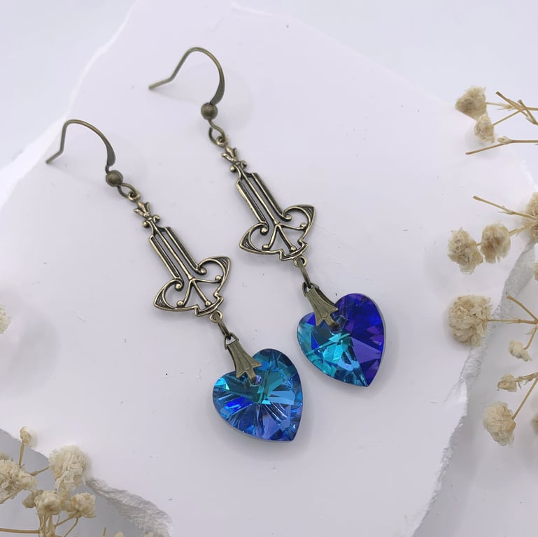Vintage Style Antique Gold and Blue Glass Crystal Heart Drop Earrings