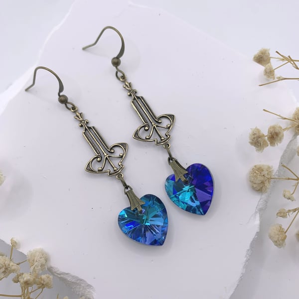 Vintage Style Antique Gold and Blue Glass Crystal Heart Drop Earrings