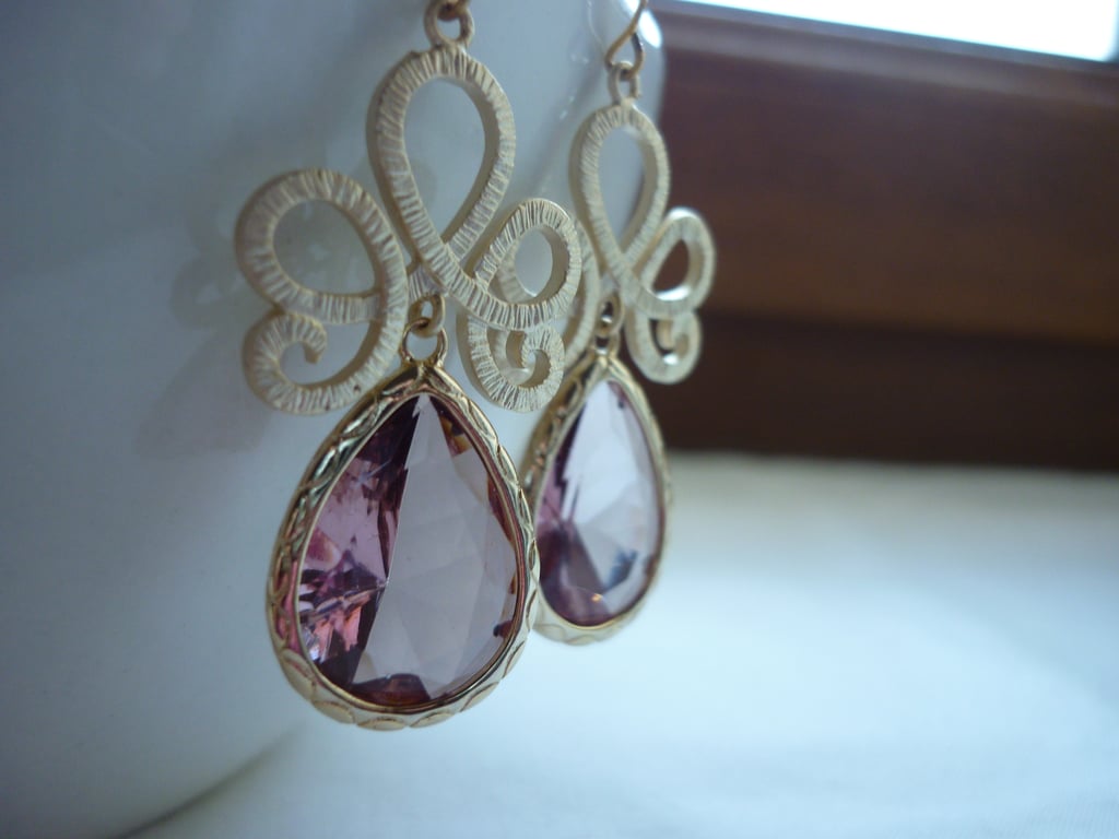LIGHT VIOLET AND GOLD PEARCUT FANCY EARRINGS.  474