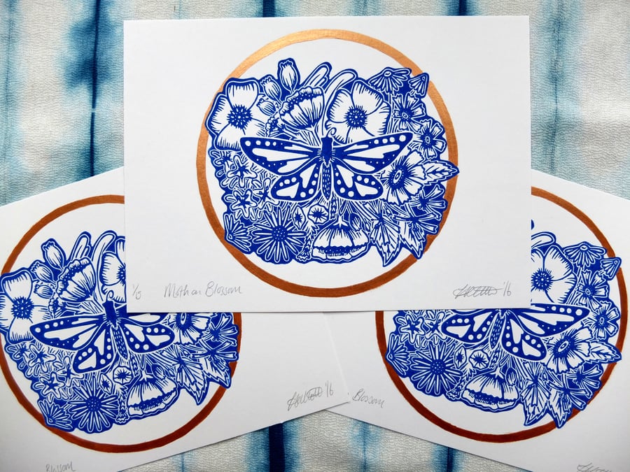Moth on Blossom Flowers Blue and Copper Lino Print 