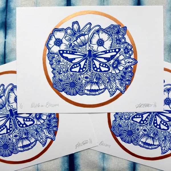 Moth on Blossom Flowers Blue and Copper Lino Print 
