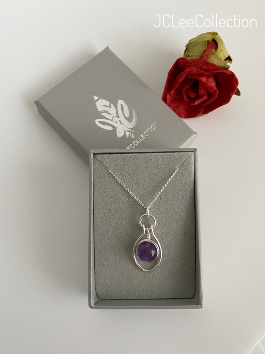 Amethyst Wrapped Silver Birth Stone Pendant Necklace, February Birthday
