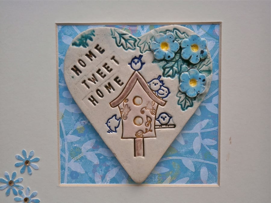 Blue bird house wall art, Mixed media country home decor with ceramic heart, 4t