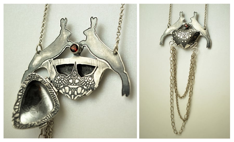 Sterling silver and garnet handmade hares locket - rabbit jewellery