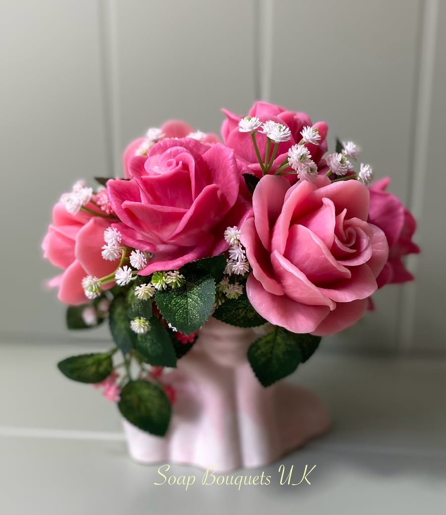 Soap Flower Arrangement Roses in a Gypsum Vase - Ascot Rose Hat