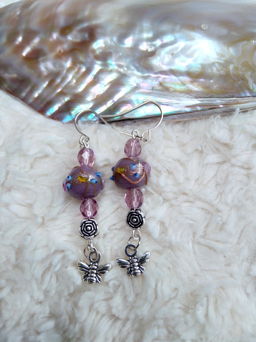 Hand-made LAMPWORK glass bead BEE accent EARRINGS