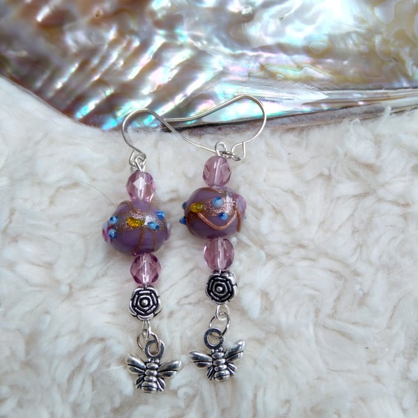 Hand-made LAMPWORK glass bead BEE accent EARRINGS