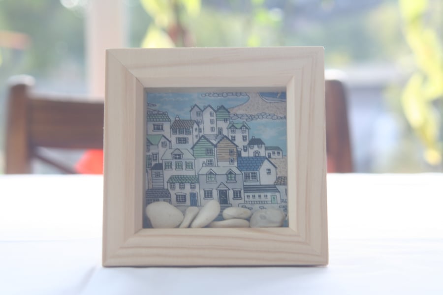 Seaside Town Shadow box picture with Pebbles