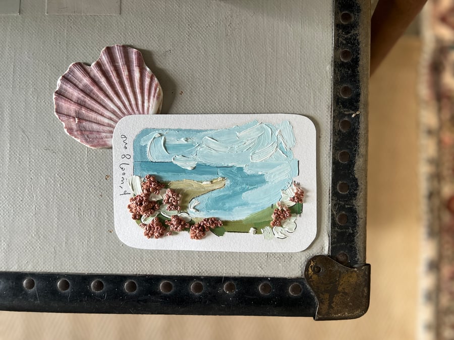 Oil Painting, British Coastal Path with Embroidery.