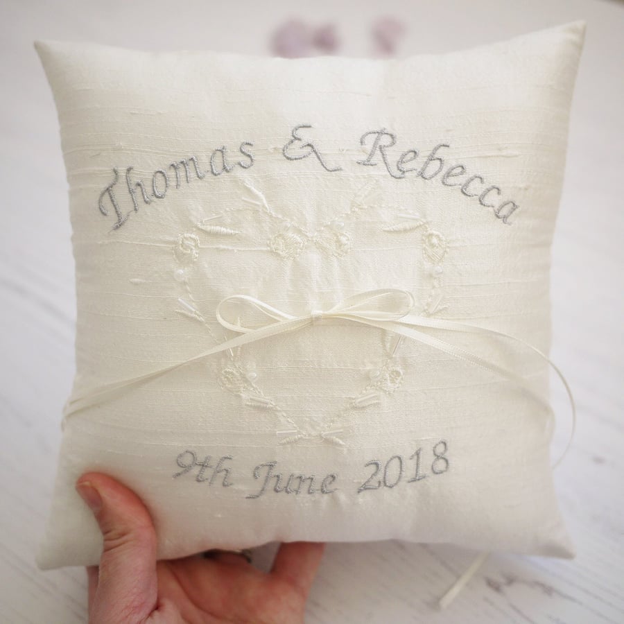 silk wedding ring pillow, personalised wedding cushion, ring bearer pillow