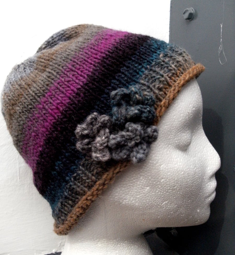 Handknit Noro 3-flowered Roll up Beanie Hat 100% wool Purple Grey Black MED