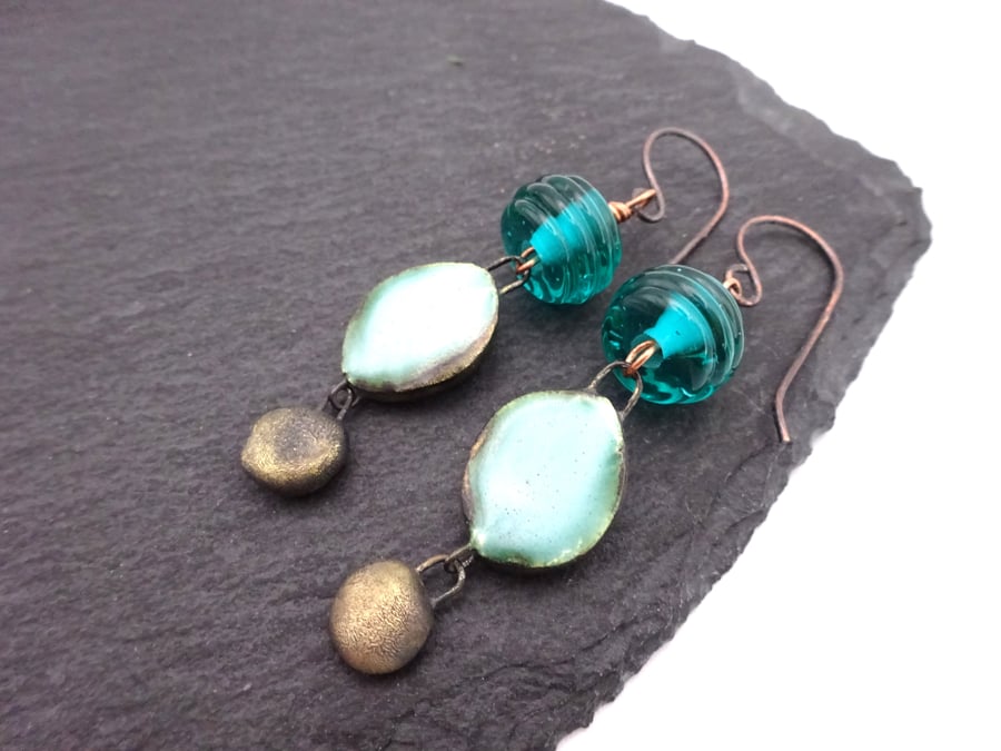 teal green lampwork glass earrings, copper and ceramic jewellery