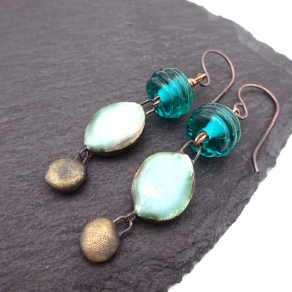 teal green lampwork glass earrings, copper and ceramic jewellery