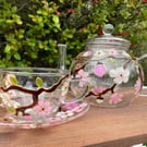 Painted Glass Teapot Tea Infuser Hand Painted Cherry Blossom Tea Set Gift 