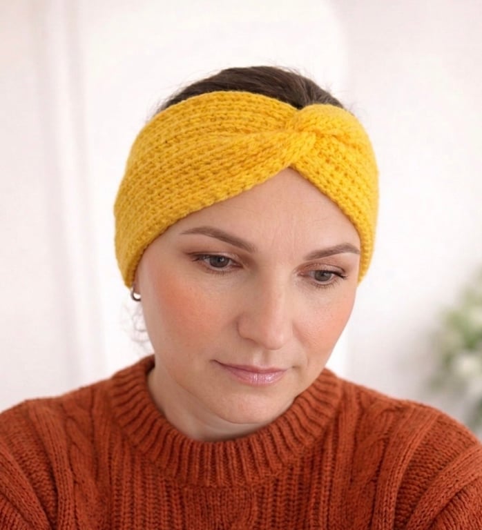 Knitted Yellow Ear Warmer, Twisted Headband for Women, Soft Acrylic Headwrap