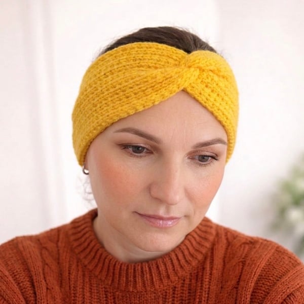 Knitted Yellow Ear Warmer, Twisted Headband for Women, Soft Acrylic Headwrap