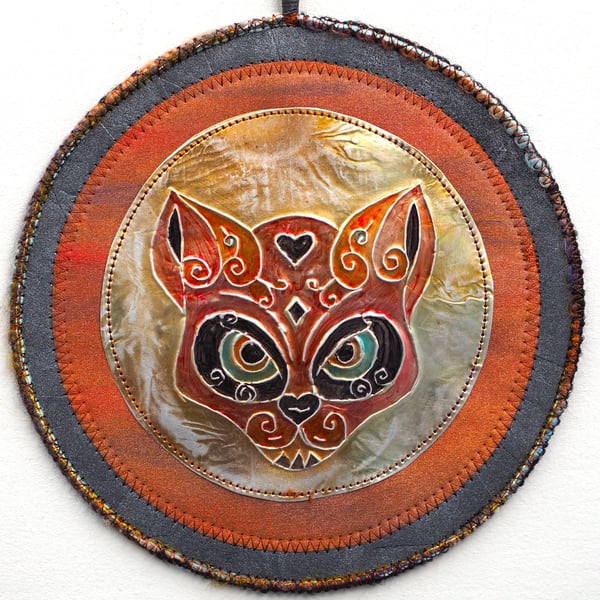DDCM20 - Cat Skull Metal Mandala Wall Hanging-17.5cm diameter- Rust-Pewter-Black