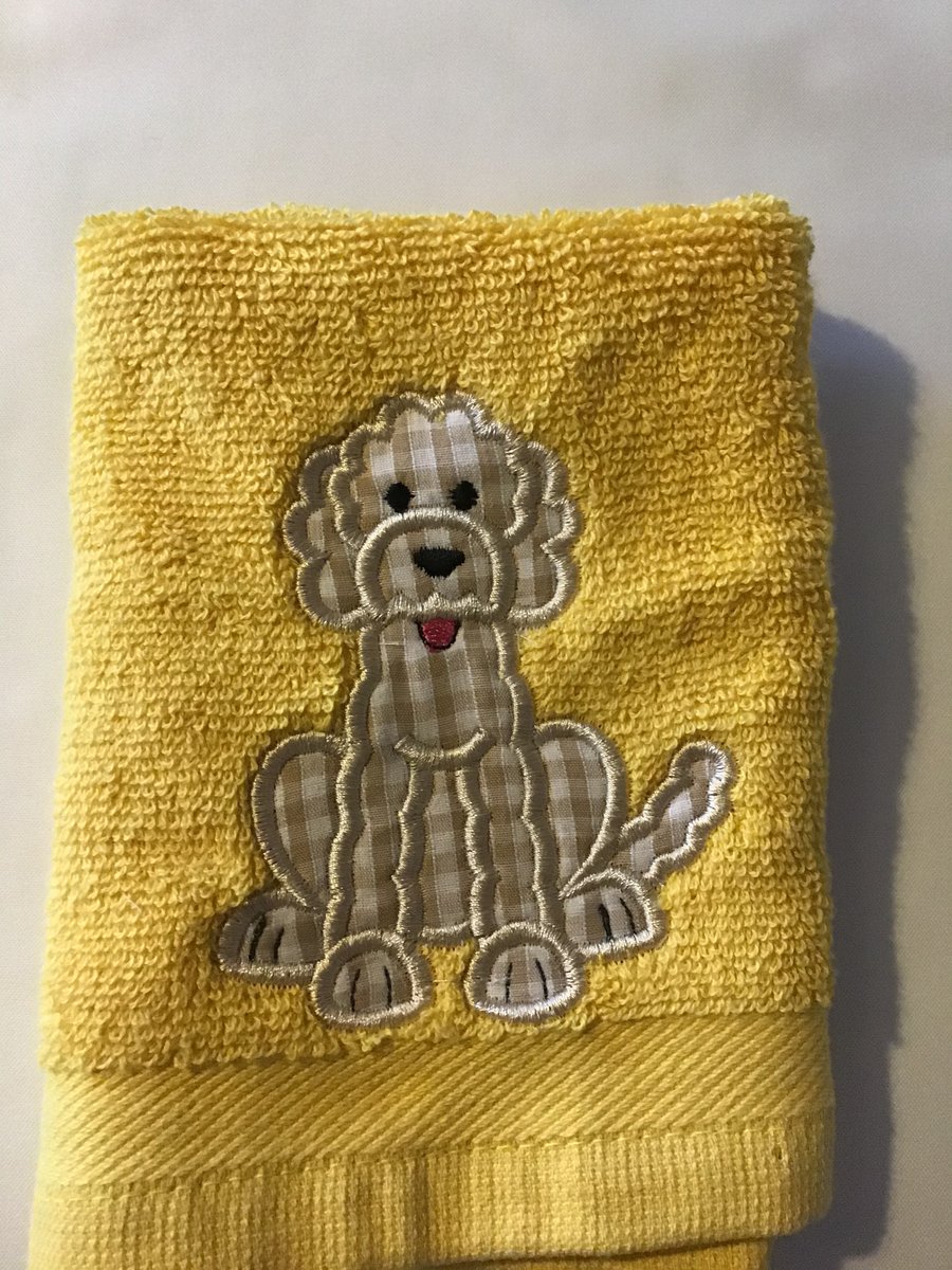 Mustard yellow flannel with cockatoo appliqué.