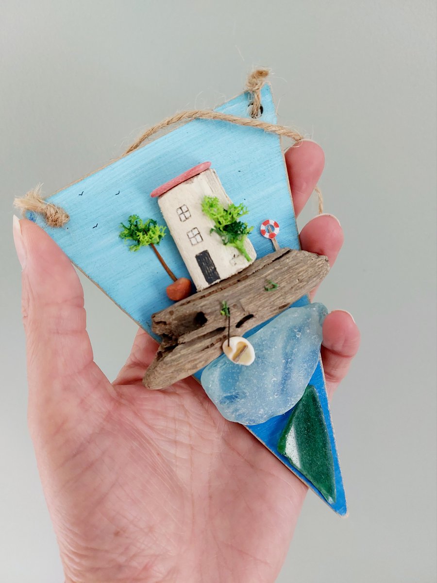Driftwood Miniature House, Rustic 3D Painted Hanging Art Decor with Sea Glass