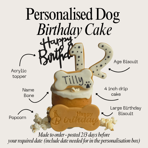 Personalised Dog Birthday Cake treat box, Homemade iced cake and biscuits 