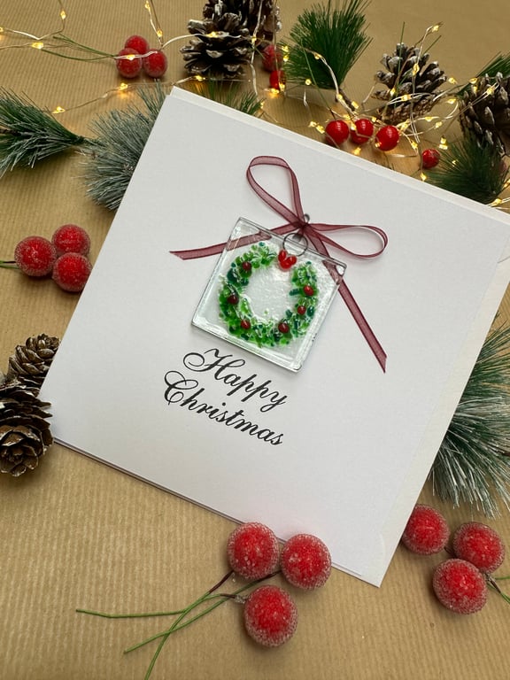 Handmade Fused Glass Christmas Card with Wreath. Fused glass decoration. Keepsak