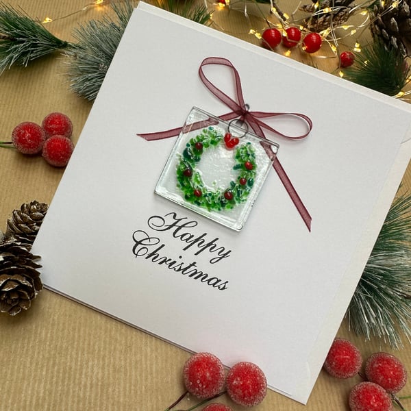 Handmade Fused Glass Christmas Card with Wreath. Fused glass decoration. Keepsak