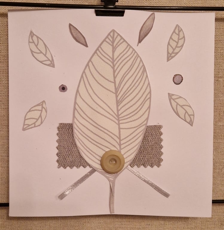 Large leaf & small ones on a blank card neutral tones fabric buttons