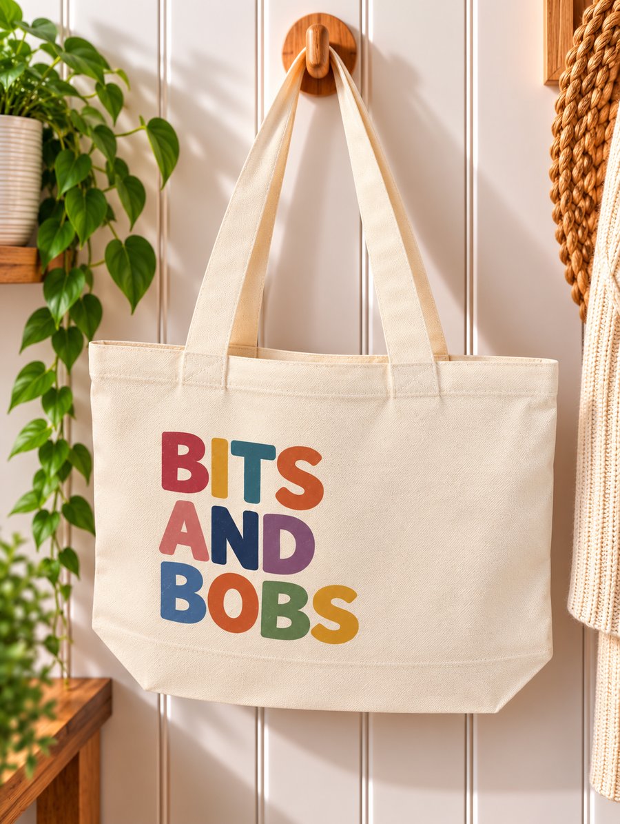 Bits and Bobs Tote Bag – Colourful Retro Canvas Shopping Bag with Zip