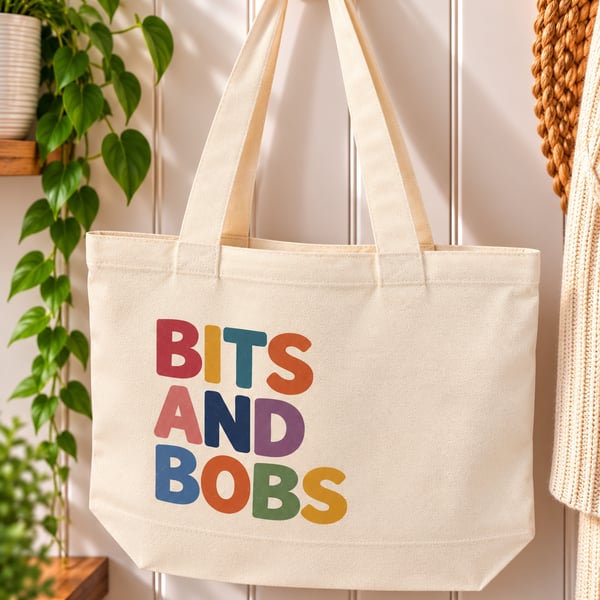 Bits and Bobs Tote Bag – Colourful Retro Canvas Shopping Bag with Zip