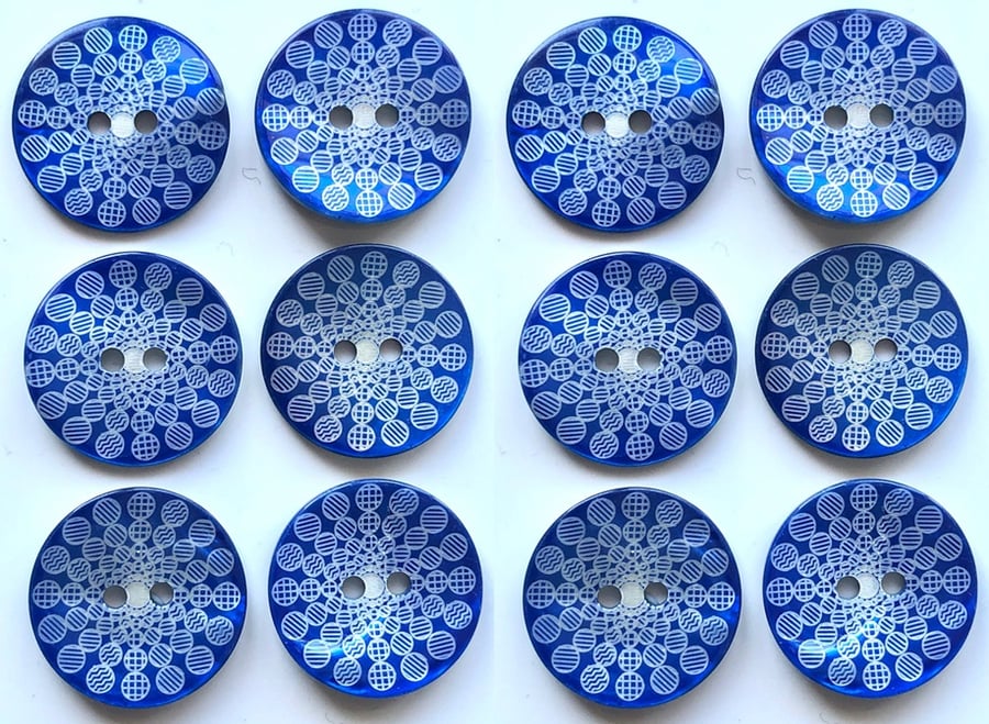 12 Shell Buttons,Brilliant Blue Design, 15mm Wide, Mother of Pearl