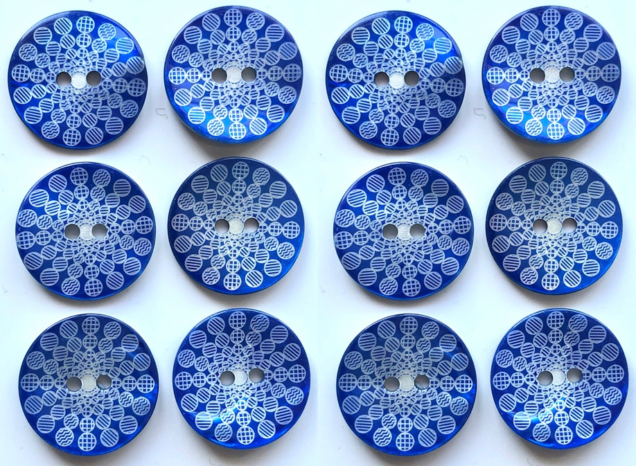 12 Shell Buttons,Brilliant Blue Design, 15mm Wide, Mother of Pearl
