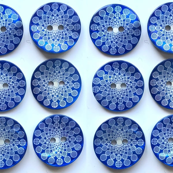 12 Shell Buttons,Brilliant Blue Design, 15mm Wide, Mother of Pearl