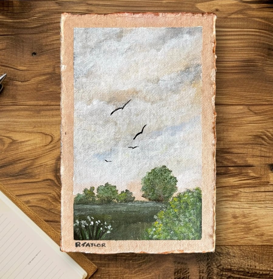 Original acrylic landscape painting on handmade paper, landscape art