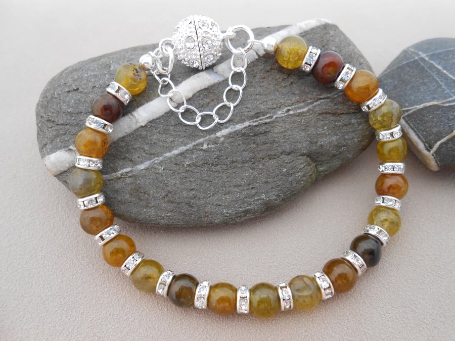 Dragon agate and rhinestone bracelet for adults.
