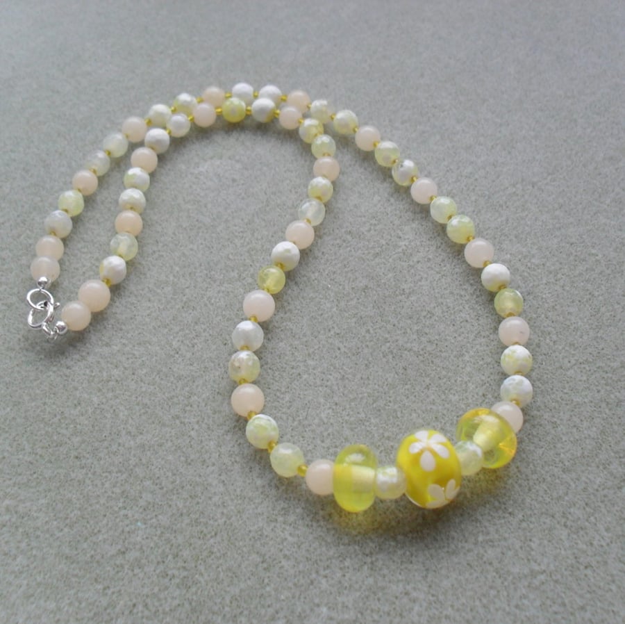 Yellow Fire Agate and Lampwork Glass Flower Beads Sterling Silver Necklace
