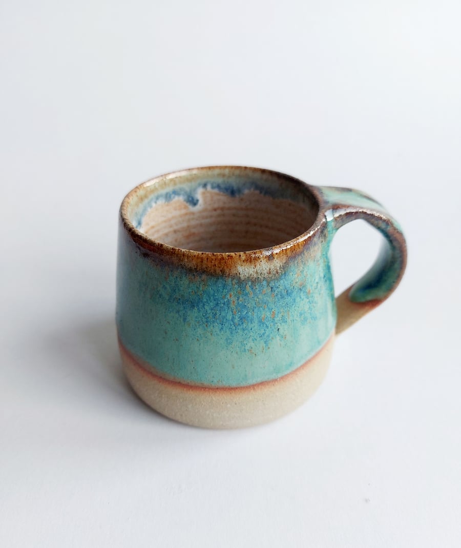 Handmade stoneware pottery mug Gardom's Blue-green glaze 